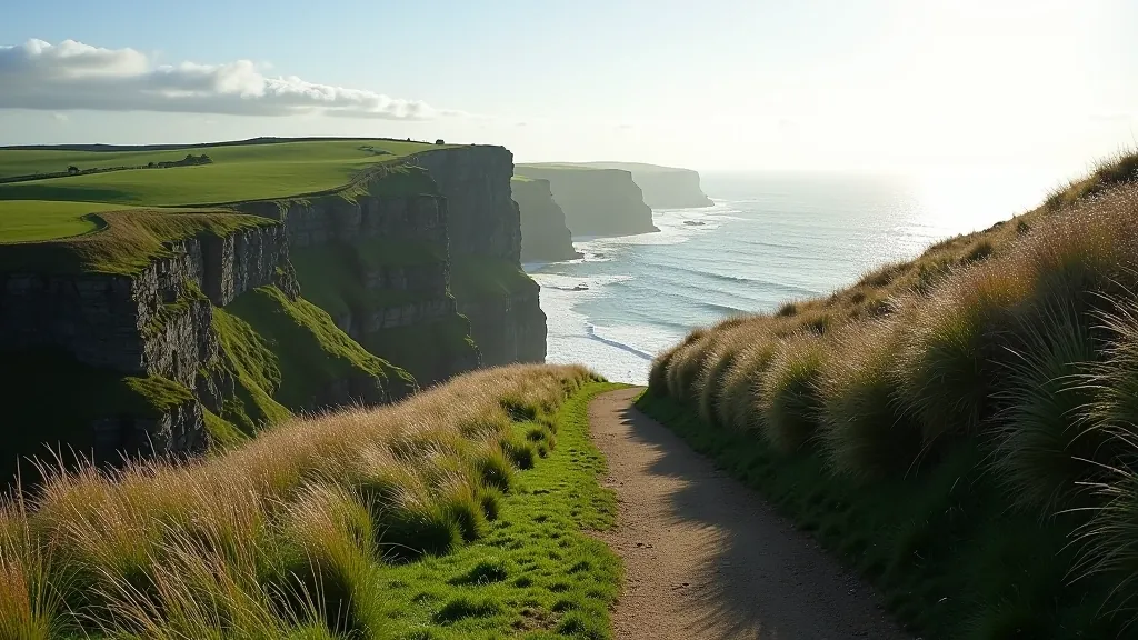 Scenic coastal hiking path winding along dramatic cliffs overlooking the Atlantic Ocean
