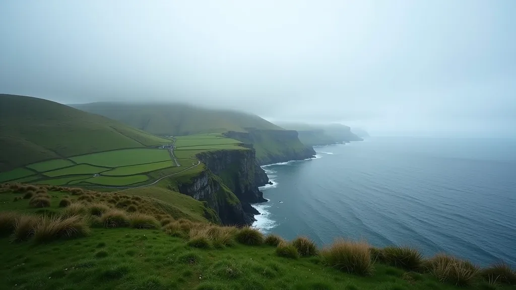 Misty morning view of coastal landscape with rolling green hills meeting grey ocean under cloudy sky
