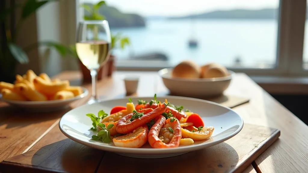 Fresh local seafood platter with bread and wine at a harbor-view restaurant table