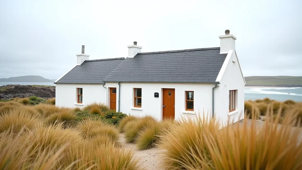 Traditional whitewashed cottage nestled between sand dunes and wild beach grass with rocky shore beyond