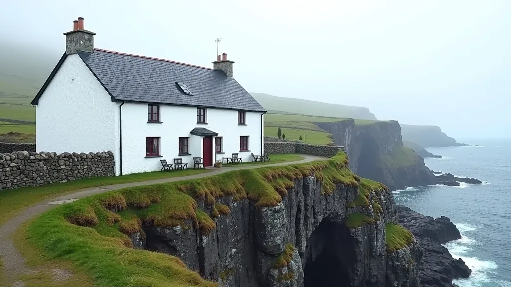 Whitewashed guesthouse with slate roof perched on clifftop overlooking rocky coastline and turbulent Atlantic waves