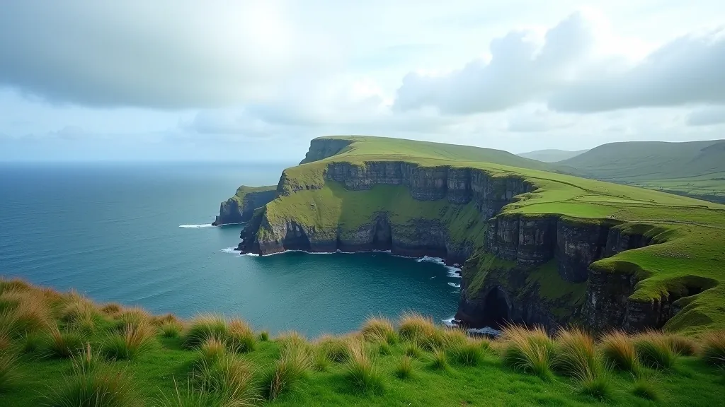 Expansive coastal cliff landscape with green headland meeting blue ocean, dramatic weather formations overhead