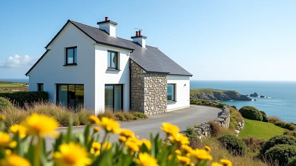 Modern renovated coastal house with large windows overlooking bay, contemporary architecture blended with traditional stone elements