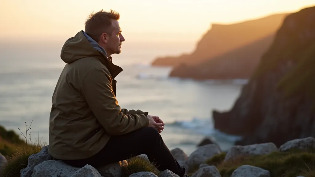 Person seated on rocky coastal viewpoint overlooking the Atlantic Ocean, contemplative pose with vast seascape behind