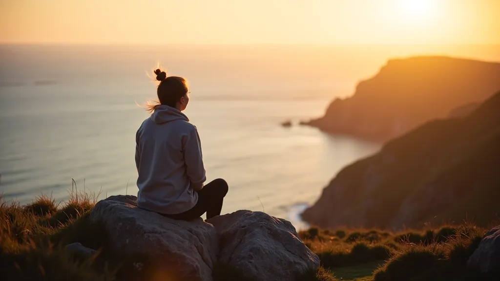 Person seated peacefully on rocky coastal outcrop overlooking calm ocean waters at sunset