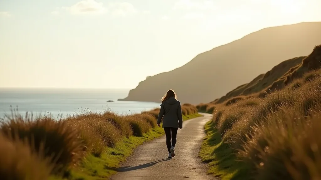 Solitary walker on the Sheep Head Way coastal path surrounded by green fields and ocean views
