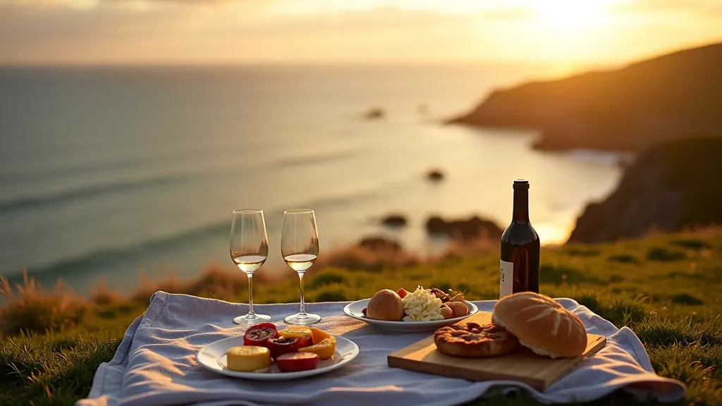 Scenic seaside picnic table with ocean view, wine bottle, and local food items