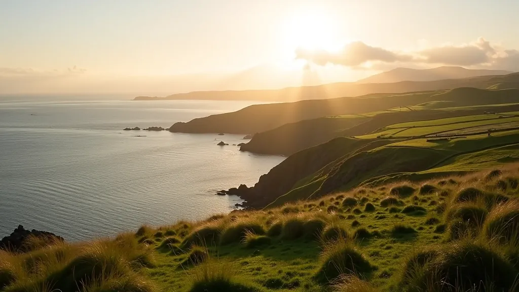 Sheep Head Peninsula coastal landscape with golden light reflecting on calm waters