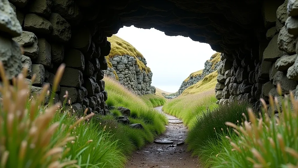 Sheltered valley with moss-covered stone walls, rocky outcrop creating natural seat, wild grasses and heather surrounding peaceful hollow