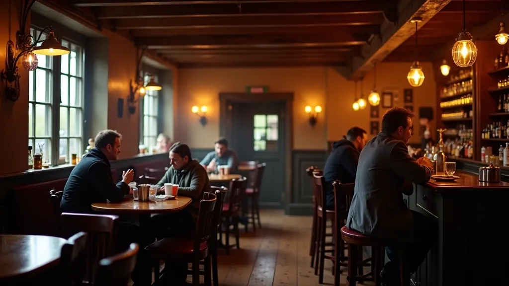 Traditional Irish pub interior with wooden bar, warm lighting, and locals enjoying meals