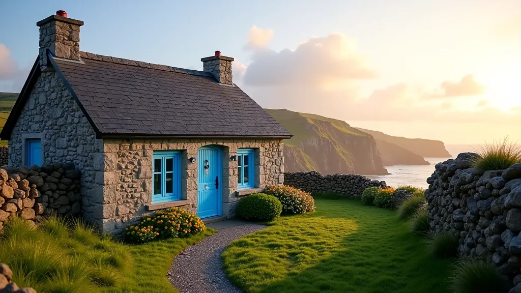 Traditional Irish stone cottage with ivy-covered walls and flowering window boxes in rural setting
