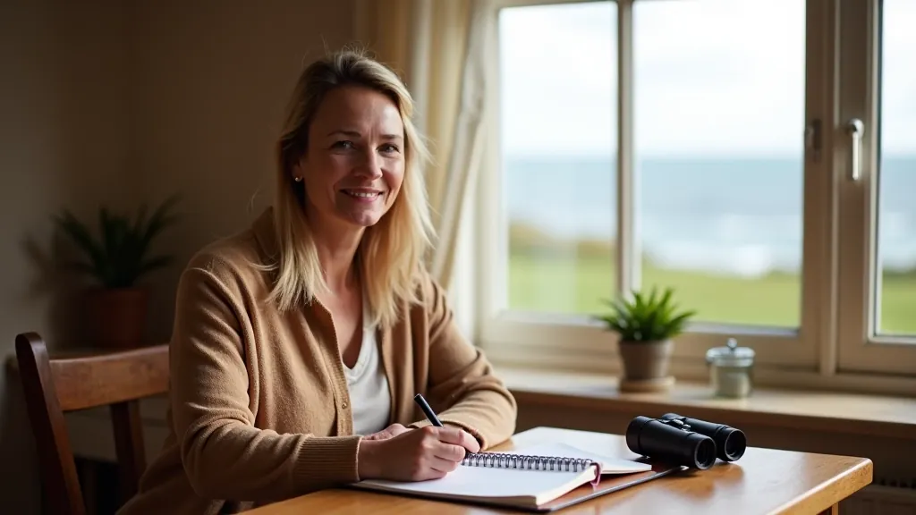Siobhan O'Donovan working at a coastal research desk with notebooks and field notes